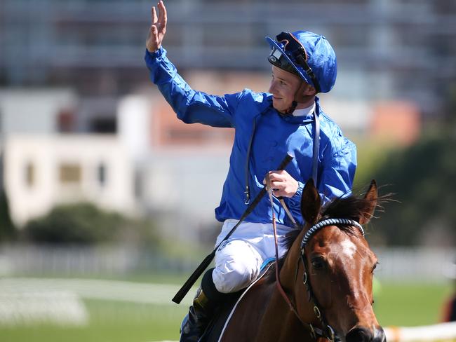 Jockey James McDonald on It's Somewhat gestures after winning the Craven Plate this month. Picture: AAP