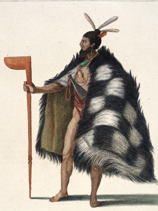 A New Zealand Warrior in his proper Dress, &amp; compleately Armed, according to their Manner. Illustration by Sydney Parkinson. Source: S.P.Lohia Collection