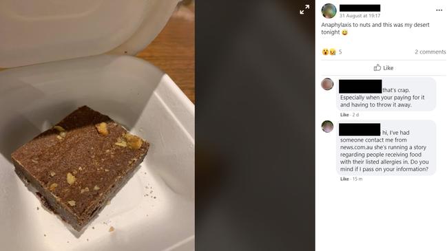 This brownie, served by a five-star Sydney hotel, would have been delicious if the guest hadn’t told the staff she had nut anaphylaxis. Picture: supplied