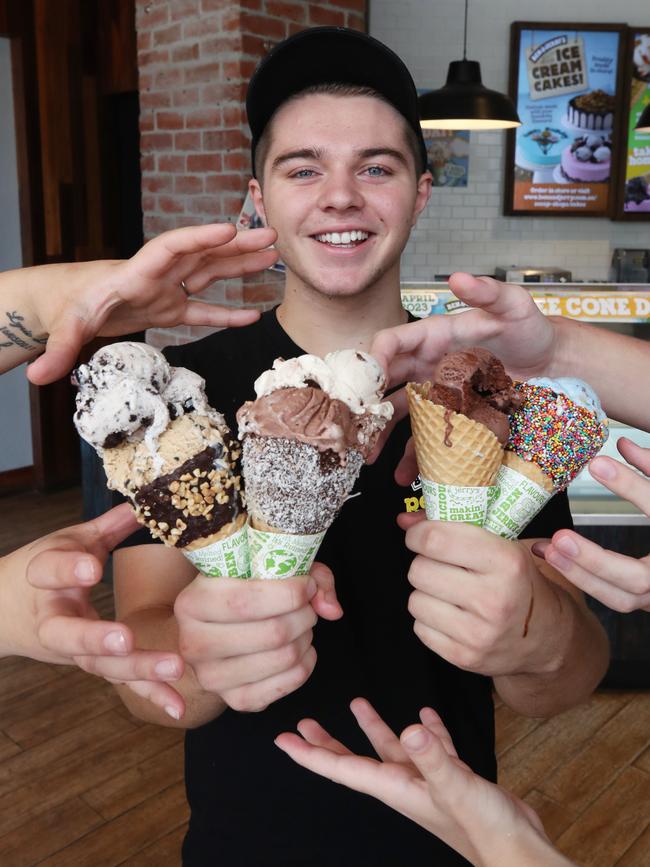 Ben &amp; Jerry's Scoop in Surfers Paradise is going to give away free ice cream for the day on Monday, April 3. Staff member Spencer Luetchford ready with the tasty treats, so better get yours before everyone else. Picture Glenn Hampson