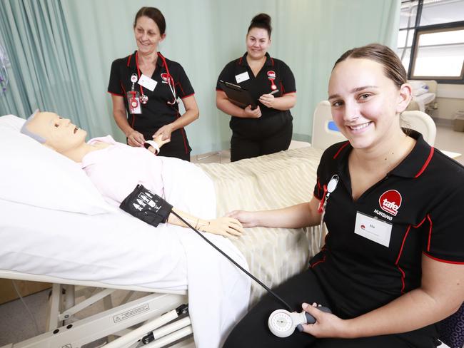 Kerrie Read, Alecia Lagos and Ella McCarthy at TAFE Queensland’s South Bank Campus. Picture: AAP