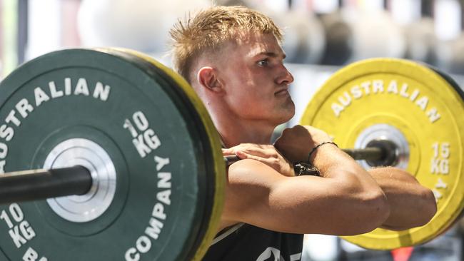 Ollie Wines in the gym during Port Adelaide’s training camp in Maroochydore. Picture: Sarah Reed