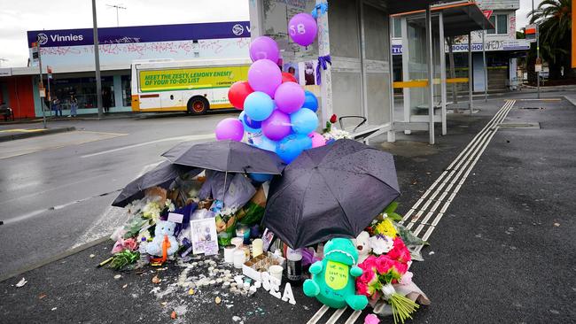 Floral tributes to Pasawm Lyhym seen at Sunshine station where he was allegedly stabbed to death. Picture: NCA NewsWire