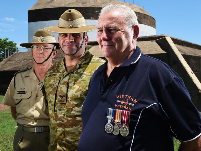 Bombing of Darwin Magazing - Major Simon Harvey, Corporal Owen Brady and Vietnam Veterans Association NT vice-president Bob Shewring outside of the WW2 East Point, Gun Turret.