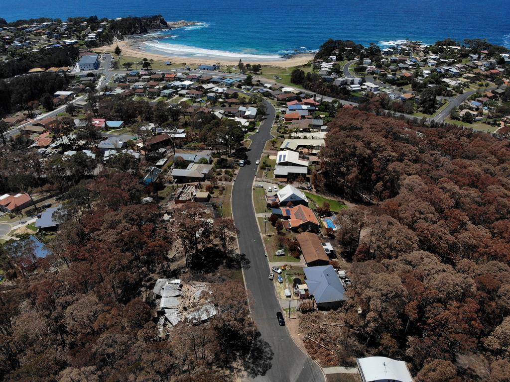 Homes along Moorong Cresent in Malua Bay were randomly destroyed by the New Years Eve fire storm while others were left virtually untouched. Picture: Toby Zerna