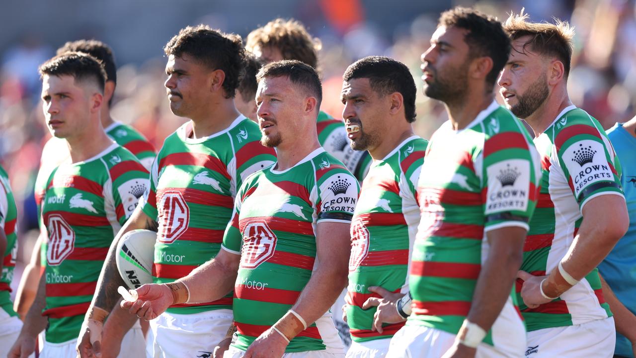 South Sydney players react to a Knights try. Picture: Scott Gardiner/Getty