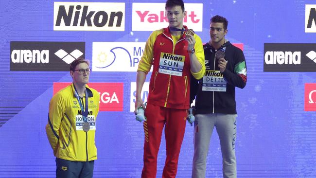 Mack Horton caused a stir when he refused to share the podium with Chinese drug cheat Sun Yang in 2019. Picture: AP Photo/Mark Schiefelbein