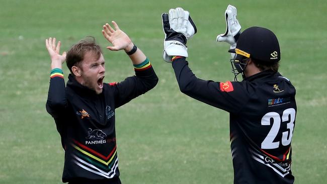 Jordan Browne and Tyran Liddiard of Penrith celebrate a wicket in Premier Cricket.