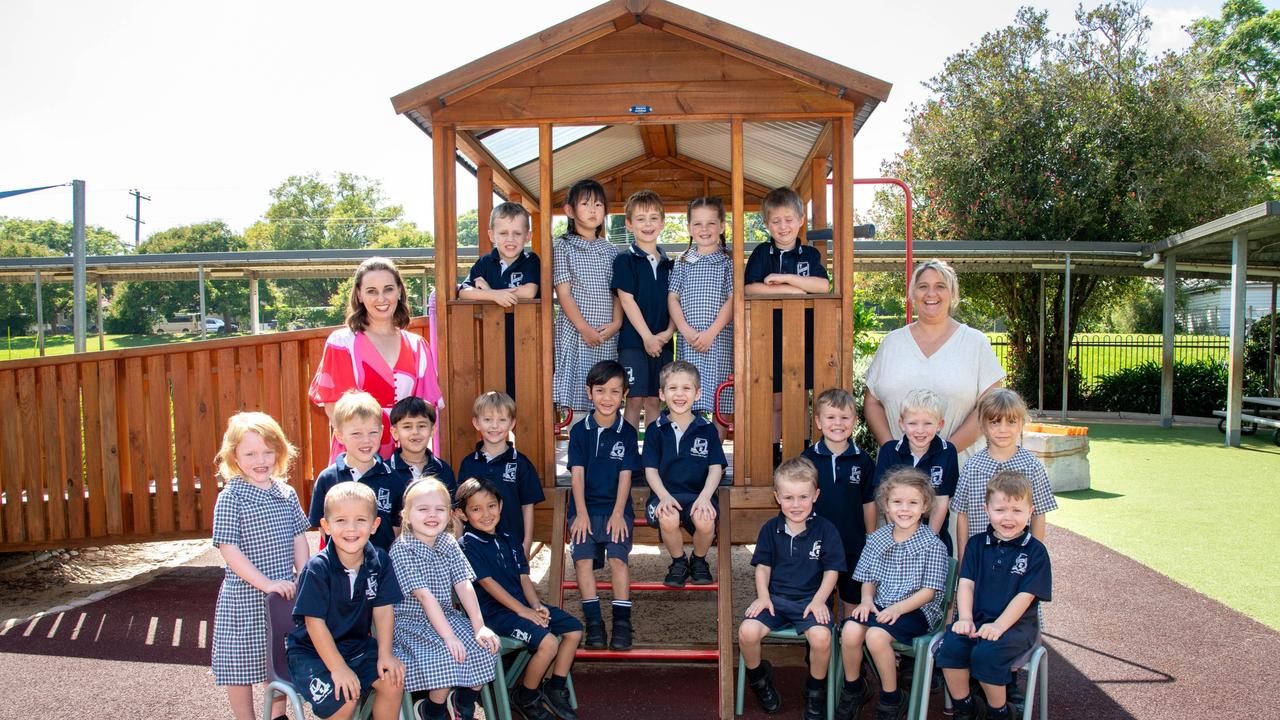 MY FIRST YEAR 2024: Toowoomba East State School Prep D students with teacher Mrs Peta Ellingsen (left) and teacher's aide Mrs Jane Jensen, February 2024. Picture: Bev Lacey