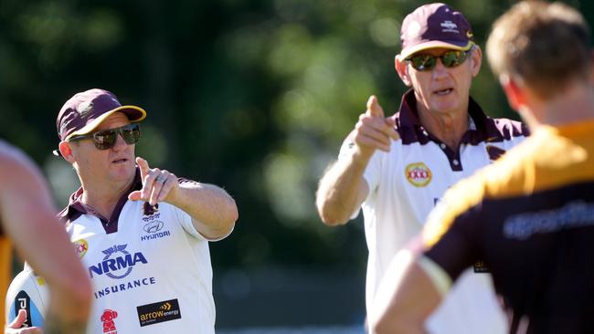 Kevin Walters and Wayne Bennett during a Broncos training session. Pic Darren England.