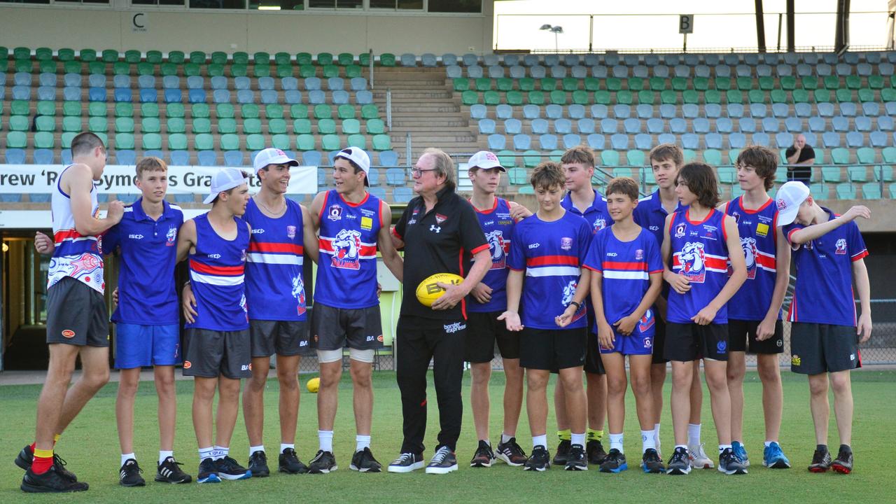 Townsville juniors are treated to an AFL training session with the legendary Kevin Sheedy at Riverway Stadium. Picture: Patrick Woods