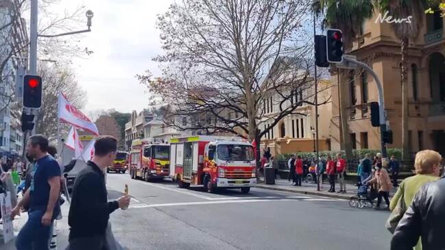 NSW Fire and Rescue firefighters protest for pay rises outside NSW Parliament House in Sydney