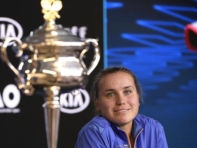 Sofia Kenin of the U.S. answers questions at a press conference following her win over Spain's Garbine Muguruza in the women's final at the Australian Open tennis championship in Melbourne, Australia, Saturday, Feb. 1, 2020. (AP Photo/Andy Brownbill)