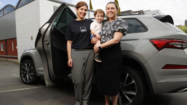 Mel Percival RACT General Manager Advocacy and Government Relations with Zoe Yates with son Ellis Stedman 18 months. RACT warning motorists not to leave kids in hot cars. Picture: Nikki Davis-Jones