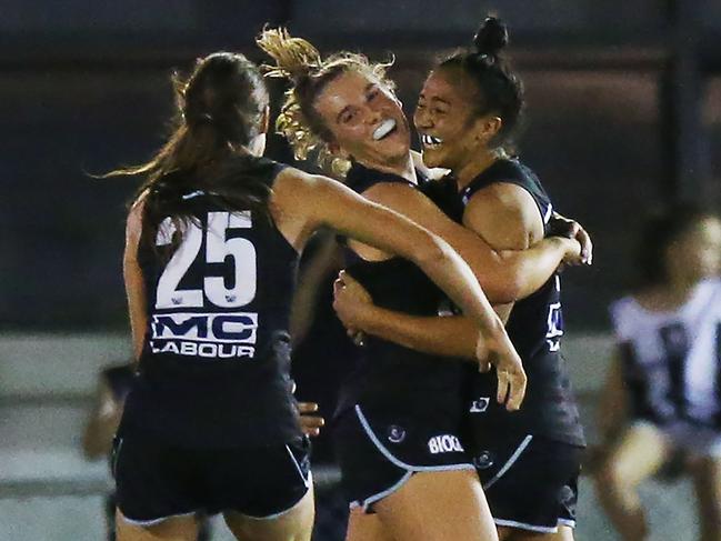 MELBOURNE, AUSTRALIA - MARCH 02: Darcy Vescio of the Blues celebrates a goal during the round five AFLW match between the Carlton Blues and the Collingwood Magpies at Ikon Park on March 02, 2019 in Melbourne, Australia. (Photo by Michael Dodge/Getty Images)