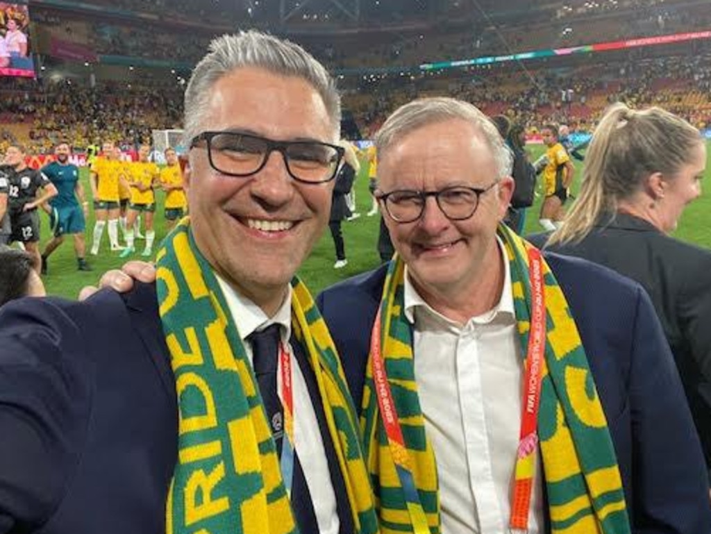 Former Football Australia chief operating officer Mark Falvo, with Prime Minister Anthony Albanese at a Matildas match.