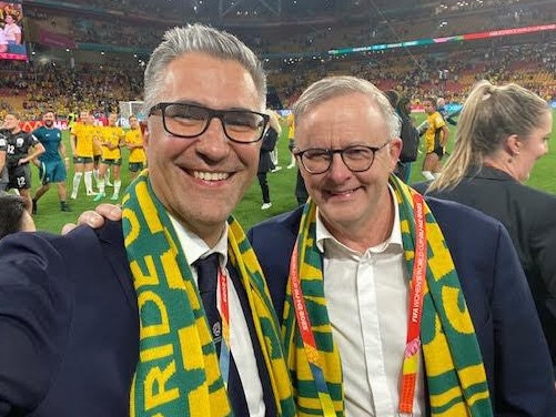 Former Football Australia chief operating officer Mark Falvo, with Prime Minister Anthony Albanese at a Matildas match.