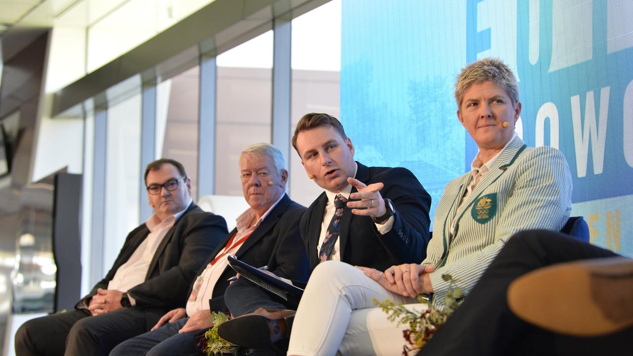 Future Toowoomba panel members (from left) Mark Mason of TSBE, John Wagner of Wagner Corporation, Jordan Philp of The Chronicle and Olympian Nat Cook during the panel discussion at Wellcamp Airport, Friday, December 3, 2021. Picture: Kevin Farmer