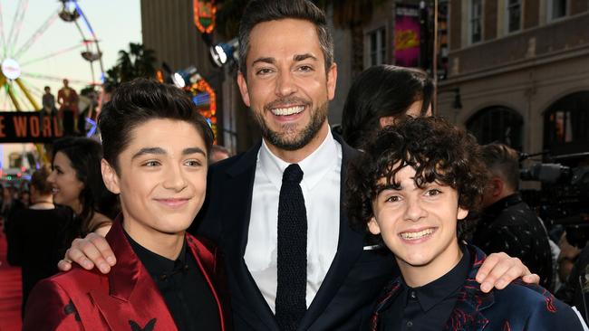 Levi with his young co-stars Asher Angel and Jack Dylan Grazer at the world premiere Shazam! Picture: Getty