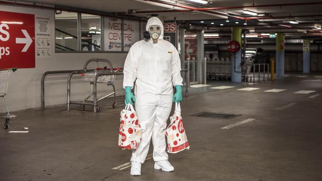 John Gercsov goes shopping in full PPE at Coles Mona Vale on Friday. Picture: Monique Harmer