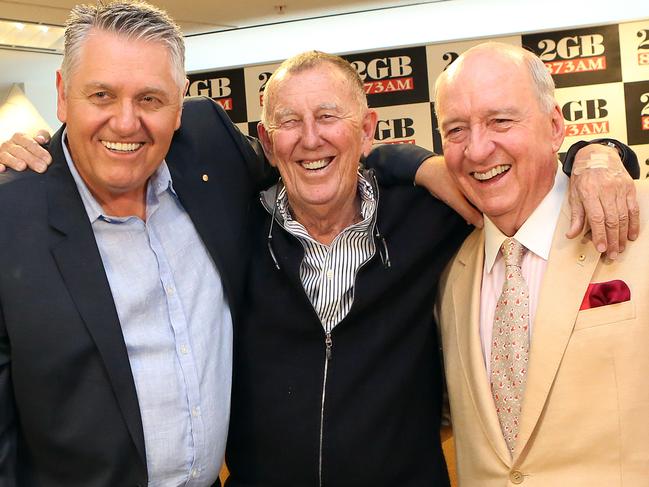 Ray Hadley, John Singleton and Alan Jones at the 2GB studios. Picture: James Croucher