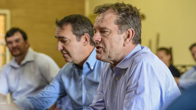 Primary Industries and Regional Development Minister Tim Whetstone speaks alongside SA Premier Steven Marshall during a community meeting with local business owners and farmers at Franklin Harbour Council in Cowell. Picture: AAP/Roy VanDerVegt