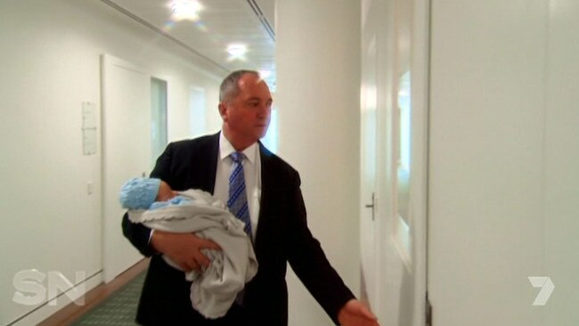 Barnaby Joyce with his son in Parliament House. Credit: Channel 7