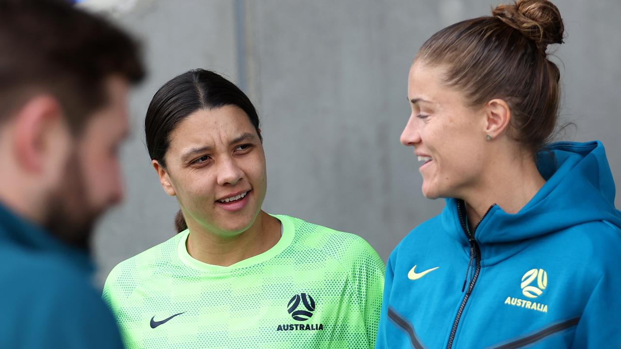 Sam Kerr on prior to Australia’s clash with Scotland at The Cherry Red Records Stadium in Wimbledon, England. Picture: Getty Images