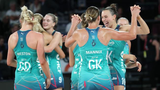 The Vixens celebrate their controversial win over the Magpies. (Photo by Kelly Defina/Getty Images)