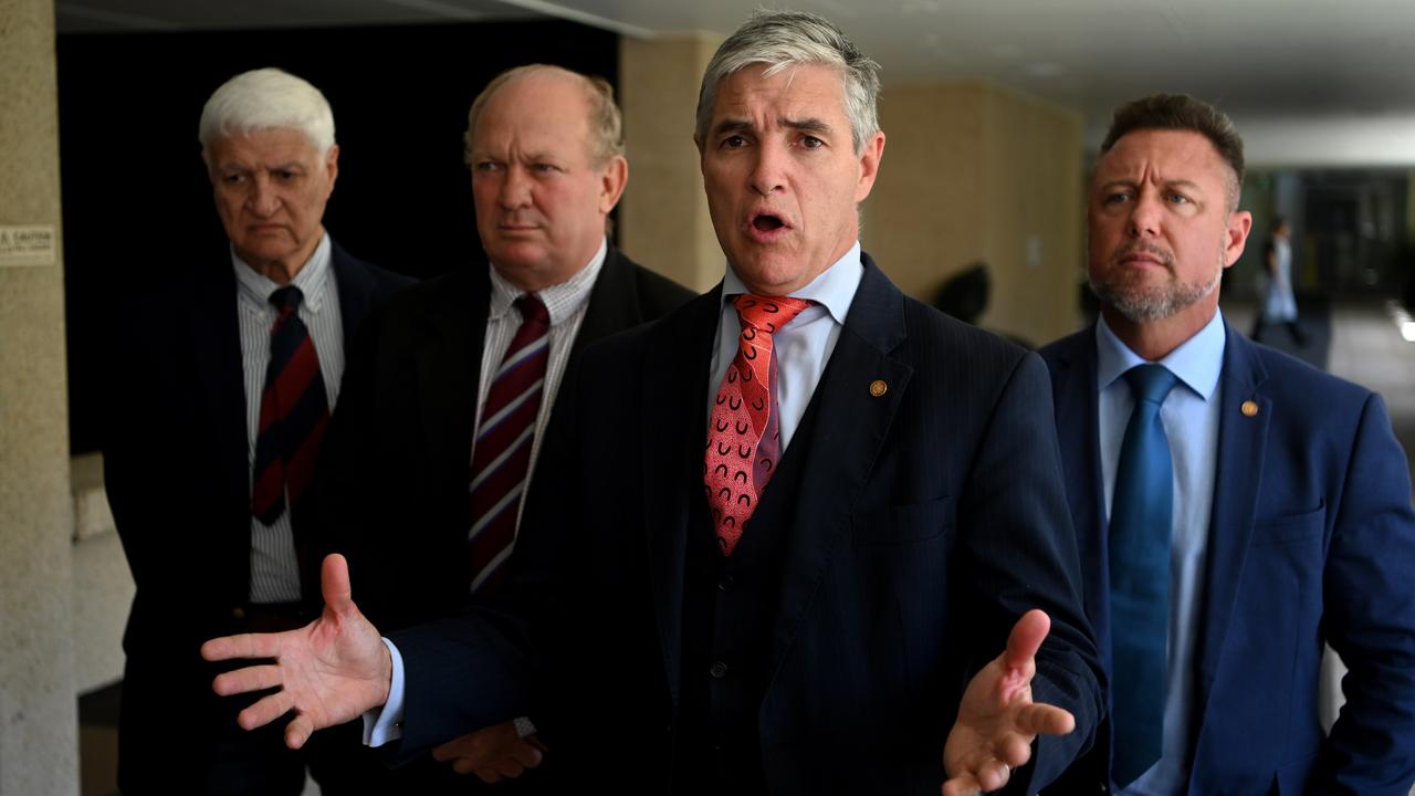 KAP Queensland leader Robbie Katter (2nd right), joined by (L to R) Federal Member for Kennedy Bob Katter, Shane Knuth and Nick Dametto, speaks to the media at Parliament House.  Picture: Dan Peled / NCA NewsWire