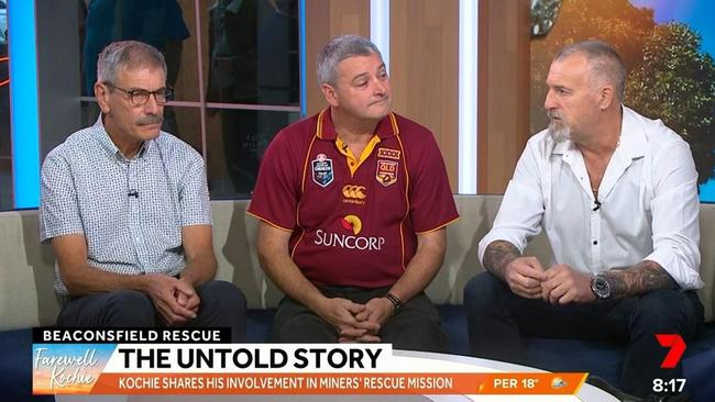 David Koch reunites with Beaconsfield disaster survivors Brant Webb and Todd Russell. Picture: Sunrise