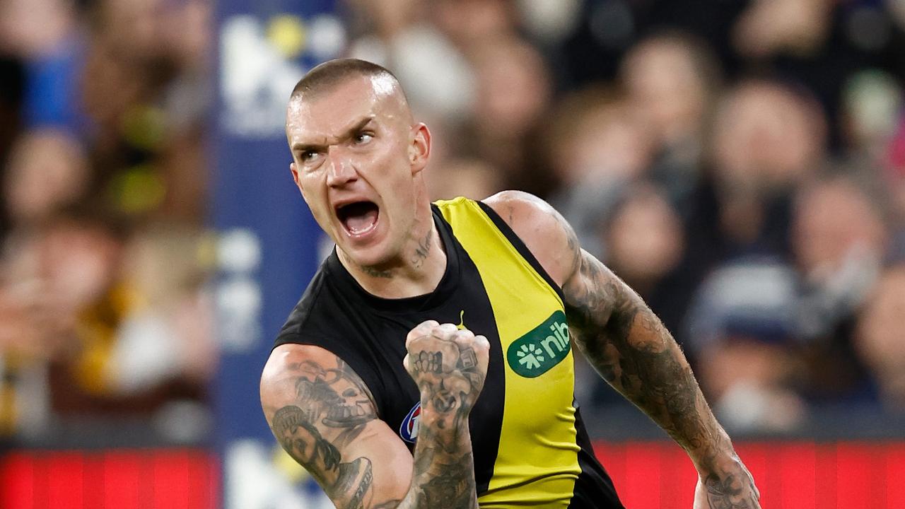 Dustin Martin celebrates a goal. Picture: Michael Willson/AFL Photos via Getty Images