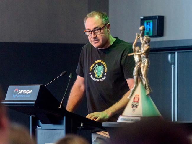 Darren Smith speaking during the JackJumpers’ championship celebrations. (Photo by Simon Sturzaker/Getty Images)