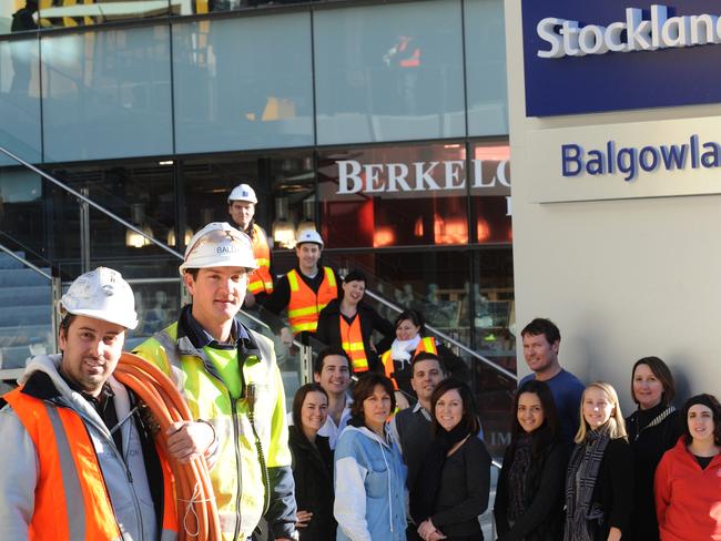 Construction workers and business owners at Stockland at Balgowlah on the eve of its opening in June, 2009. Picture: Annika Enderborg