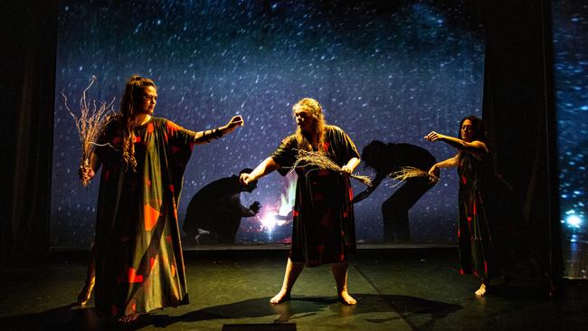 Sinsa Mansell performs as part of tuylupa (the spark of fire) at Hobart's Theatre Royal in 2022, a collaboration between pakana kanaplila, Tasdance, Soma Lumia and Skinnyfish. Picture: Jillian Mundy