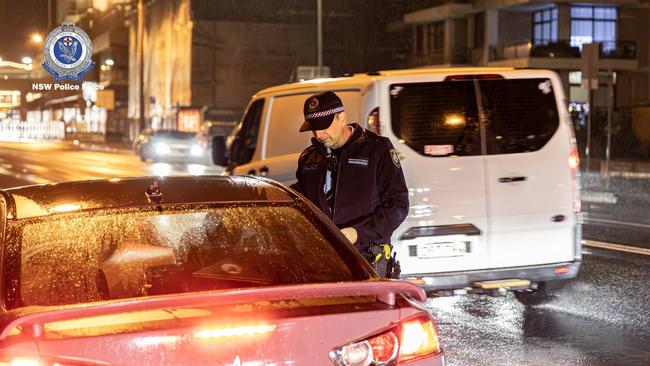 A NSW Police photo of a compliance blitz on roads that resulted in 100 fines issued to drivers for car defects and anti-social behaviour at the weekend.