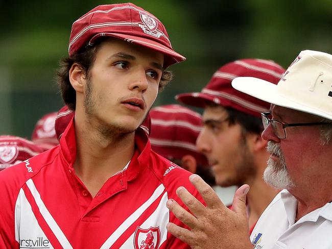 Captain of St George Sam Konstas of St George speaks at the presentation during the grand final of the AW Green Shield match between St George DCC and Northern Districts DCC at Hurstville Oval. Photo by Jeremy Ng