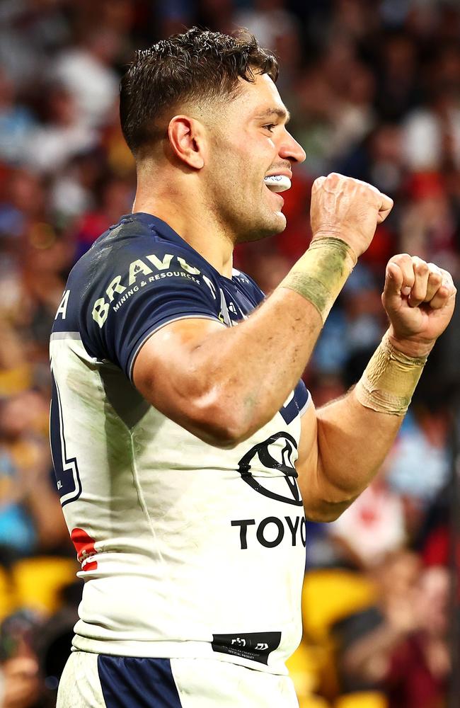 Braidon Burns celebrates scoring a try. (Photo by Chris Hyde/Getty Images)