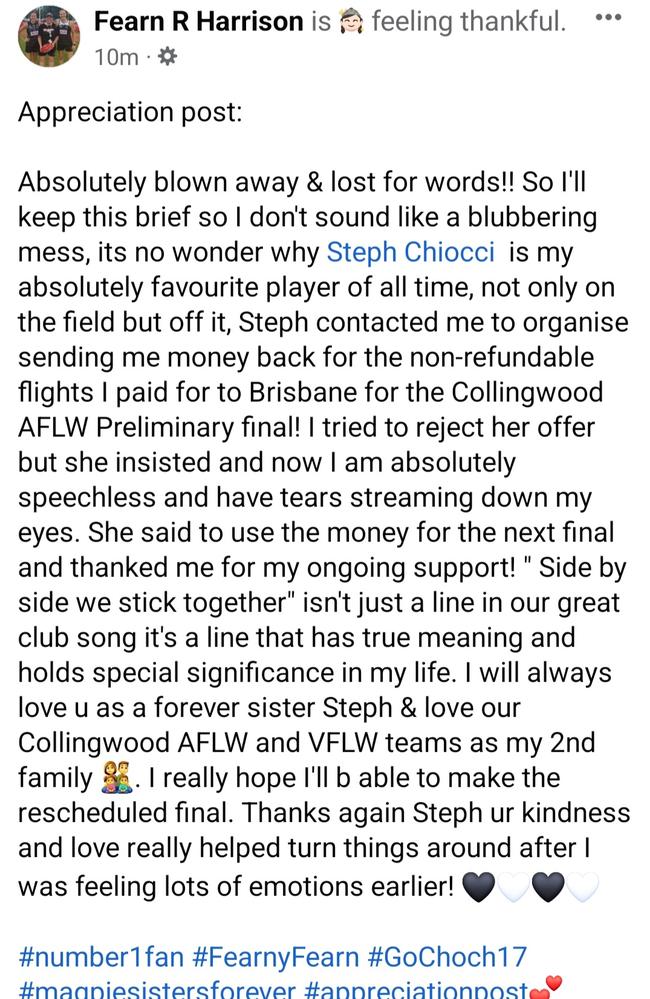 Collingwood superfan Fearn Harrison's appreciation post to Steph Chiocci. Picture: Facebook