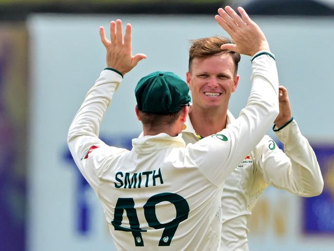 Matthew Kuhnemann was the leading wicket-taker in the Sri Lanka series, taking 16 scalps in the 2-0 series win. Picture: AFP