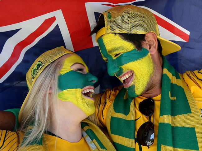 Socceroos fans getting excited for the Aussie's 2nd match of the 2018 World Cup against Denmark in Samara. Members of the Fanatics group Jacqui and Nathan Macri. Picture: Toby Zerna