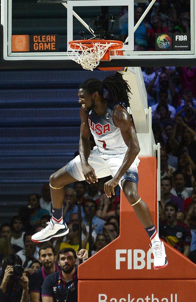 US forward Kenneth Faried reacts after scoring during the 2014 FIBA World basketball championships final.