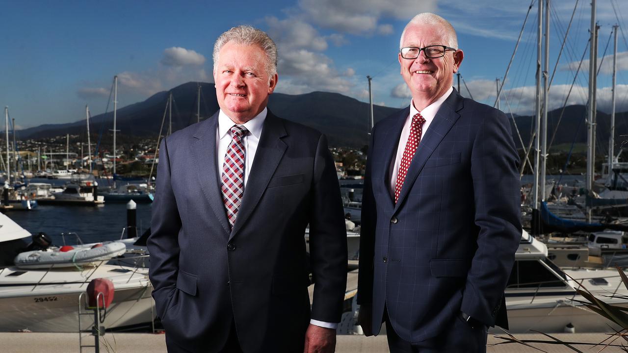 Mike Grainger Chairman and Bernard Dwyer Chief Executive Officer of TT-Line. TT-Line major announcement moving the Victorian home port from Melbourne to Geelong. Picture: NIKKI DAVIS-JONES