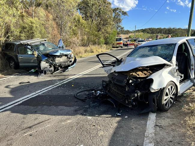 This head on crash on Mona Vale Rd at Ingleside on Thursday, which left an elderly couple in hospital and the road closed for hours, prompted Pittwater MP Rory Amon to call for government assurances the road upgrade would go ahead . Picture: Terrey Hills Rural Fire Service