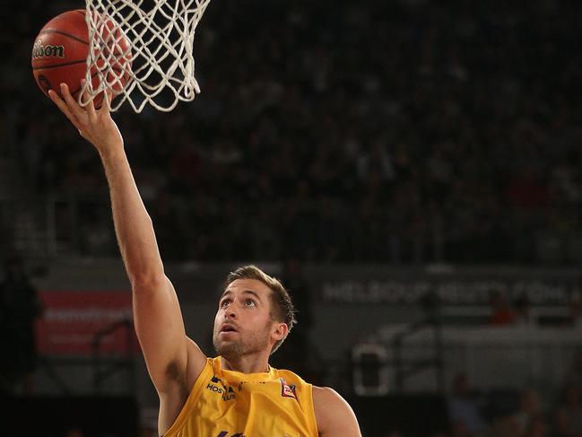 Sydney Kings forward David Wear goes for the lay-up against Melbourne United on Monday night. Picture: AAP