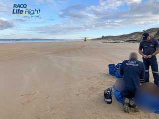 SANDY LANDING: The Bundaberg RACQ LifeFlight Rescue helicopter was called to a man who was injured after falling off his motorbike on Fraser Island yesterday. Picture: LifeFlight