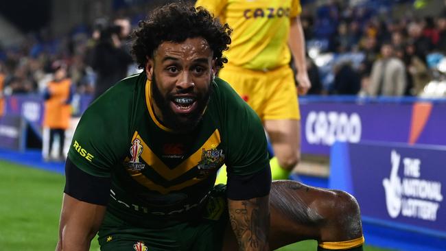 HUDDERSFIELD, ENGLAND – NOVEMBER 04: Josh Addo-Carr of Australia celebrates after scoring their team's third try during the Rugby League World Cup Quarter Final match between Australia and Lebanon at John Smith's Stadium on November 04, 2022 in Huddersfield, England. (Photo by Gareth Copley/Getty Images)