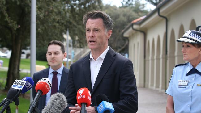 Chris Minns, Premier of New South Wales, Karen Webb, NSW Police Commissioner, David Ossip, President of the NSW Jewish Board of Deputies address the media in a press conference at Bondi to comment on the anti-Semitic vandalism of property that occurred overnight in Woollahra. Picture: NewsWire / Gaye Gerard