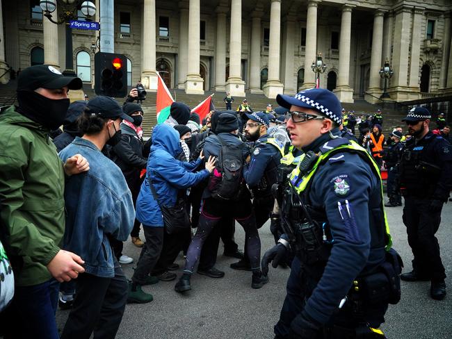 Pro-Palestine protesters outside the Victorian Parliament. Picture: Luis Enrique Ascui