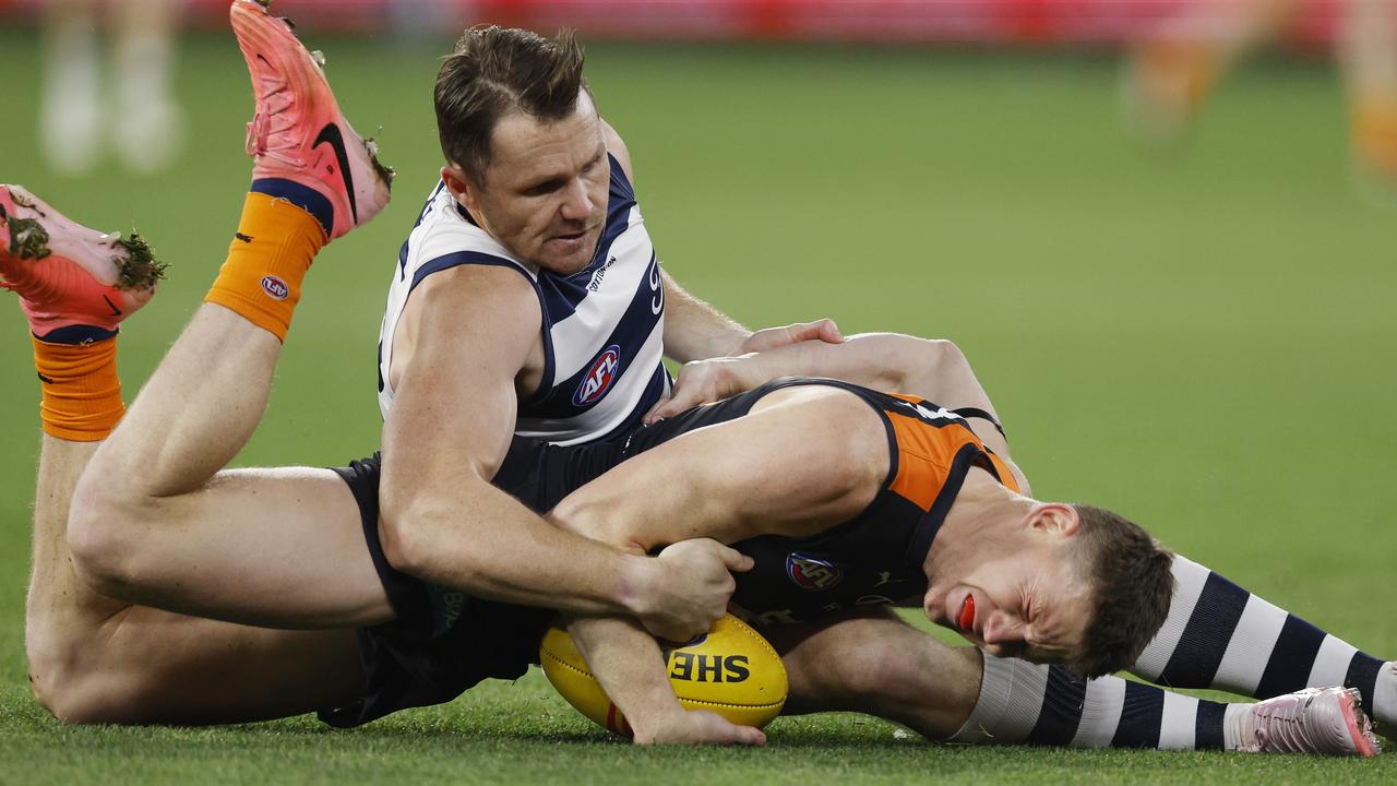 Geelong captain Patrick Dangerfield escaped a ban after he was charged with rough conduct for this tackle on Carlton star Sam Walsh last Friday. Picture: Michael Klein